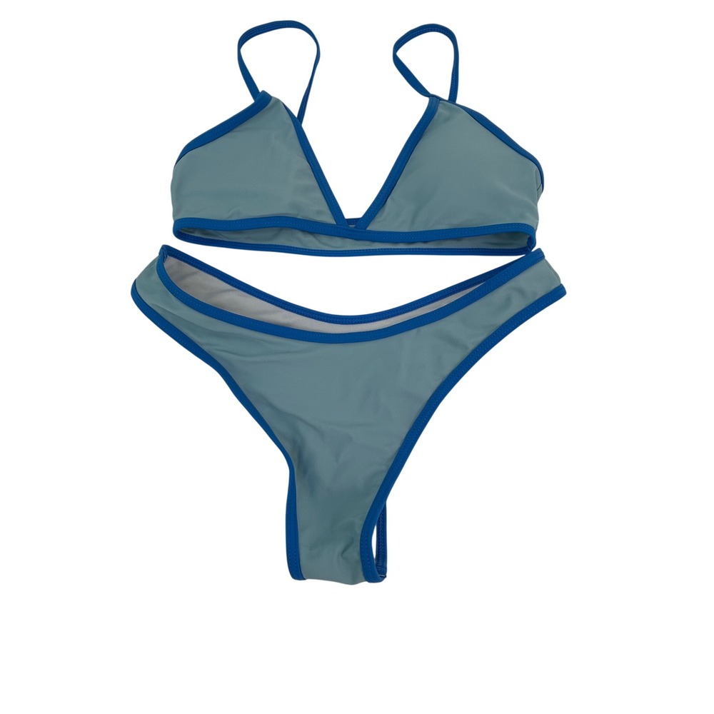 Womens Two Tone Blue Triangle Bikini Set High‎ Cut High Leg Swimsuit Small